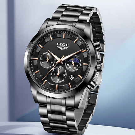 Reloj de Cuarzo LIGE para Hombre – Lujo Clásico con Fase Lunar y Fecha Automática