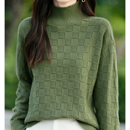 Suéter de algodón 100% para mujer, jersey de cuello medio alto, camisa con patrón cuadrado, Top de punto suelto a la moda, otoño e invierno, nuevo
