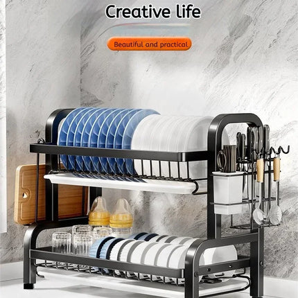 Estante Escurridor de Platos de 2 Niveles – Compacto, Antióxido y con Soporte para Utensilios