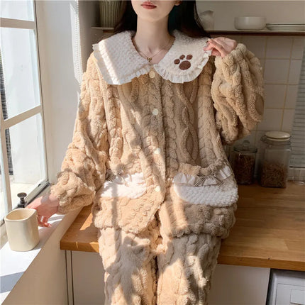 Conjunto de pijama de lana Coral para mujer, ropa de dormir cálida con forro polar para invierno, ropa de descanso de franela acogedora, traje para estar en casa, ropa de dormir cómoda