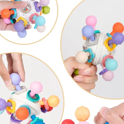Sonajero de bola de dedo de Manhattan infantil, bola de átomo, mordedor giratorio, juguete de dentición, bola de Gel suave