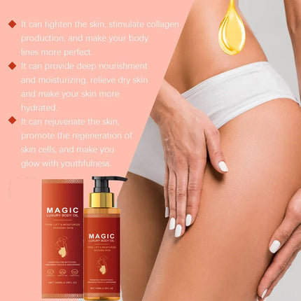 Aceite reafirmante corporal, hidratación profunda, suave, mejora la flacidez, estiramiento de la piel, aumenta la elasticidad, nutritivo, mágico, cuidado corporal de lujo
