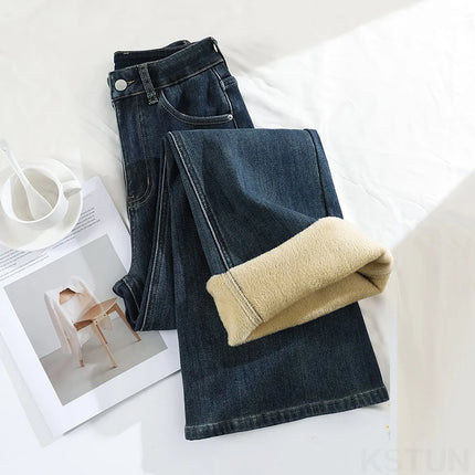 KSTUN 2025, pantalones vaqueros elásticos de lana de cintura alta Vintage para mujer, pantalones con parte inferior acampanada, pantalones vaqueros gruesos y cálidos, pantalones acampanados ajustados para mujer