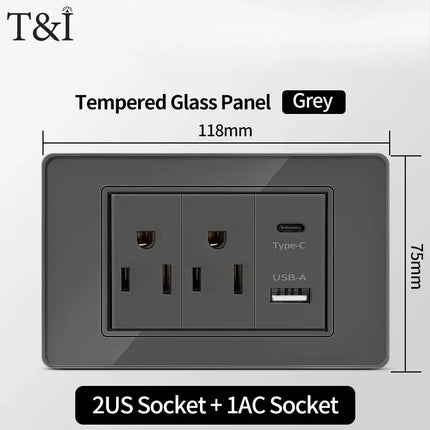 Enchufe de Pared de Vidrio Templado con Puertos USB Dual Tipo C – 118x75mm, 110V