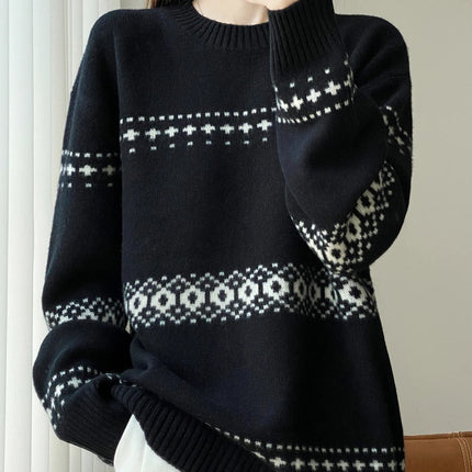 Jersey de punto de lana 100%, superventas, suéter jacquard con cuello redondo, top grueso holgado a la moda para otoño e invierno para mujer