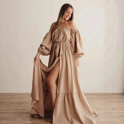 Vestido de sesión de fotos de maternidad: vestido sexy con hombros descubiertos, mangas abullonadas juguetonas y ropa con abertura para piernas para fotografía de mujeres embarazadas