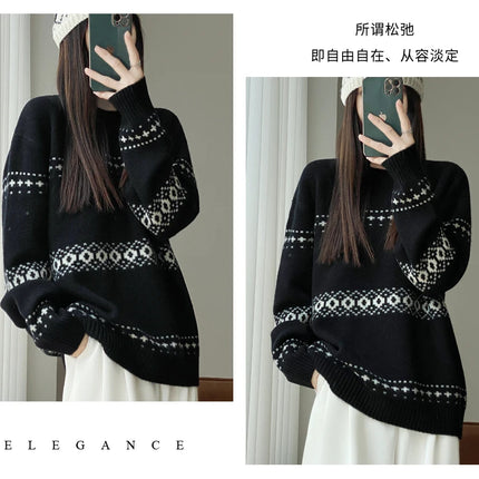Jersey de punto de lana 100%, superventas, suéter jacquard con cuello redondo, top grueso holgado a la moda para otoño e invierno para mujer
