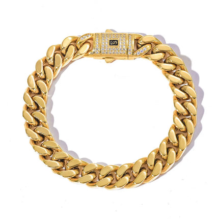 Pulsera Cubana Hip Hop de Lujo – Acero Inoxidable con Baño de Oro de 14K y Diamantes Simulados