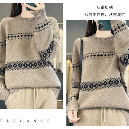 Jersey de punto de lana 100%, superventas, suéter jacquard con cuello redondo, top grueso holgado a la moda para otoño e invierno para mujer