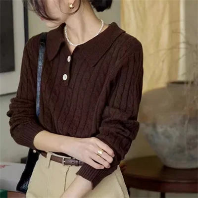 100% suéter de lana pura para mujer 2025 Otoño/Invierno nuevo jersey con cuello POLO moda coreana solapa suave Top de Cachemira de punto para mujer