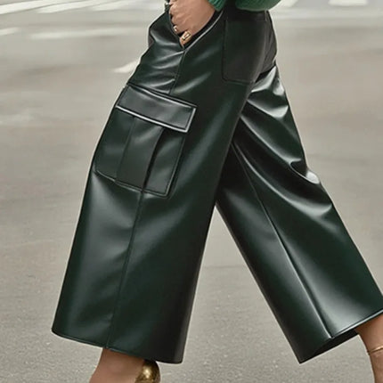 UOOZEE, pantalones de pierna recta de cintura alta con bolsillos de cuero PU para mujer, pantalones casuales de moda de Color sólido a la moda