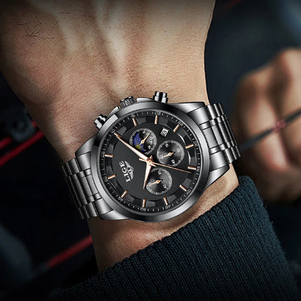 Reloj de Cuarzo LIGE para Hombre – Lujo Clásico con Fase Lunar y Fecha Automática