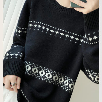 Jersey de punto de lana 100%, superventas, suéter jacquard con cuello redondo, top grueso holgado a la moda para otoño e invierno para mujer