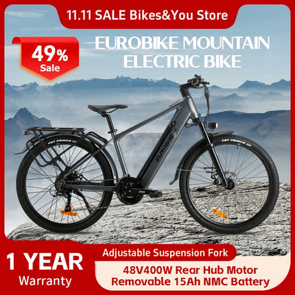 Bicicleta eléctrica con Motor de 400W, batería de litio extraíble de 48V y 15AH, bicicleta eléctrica todoterreno de montaña para adultos de 26 pulgadas y 21 velocidades