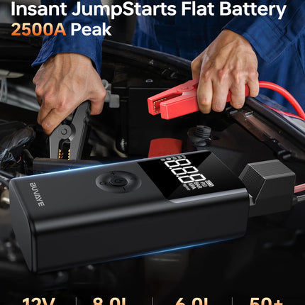 BUVAYE 4 en 1 Arrancador de Batería Portátil 2500A, Banco de Energía, Bomba de Aire 150PSI, Powerbank 12V para Coche, Arrancador de Emergencia Multifuncional con Luz LED SOS