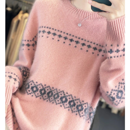 Jersey de punto de lana 100%, superventas, suéter jacquard con cuello redondo, top grueso holgado a la moda para otoño e invierno para mujer