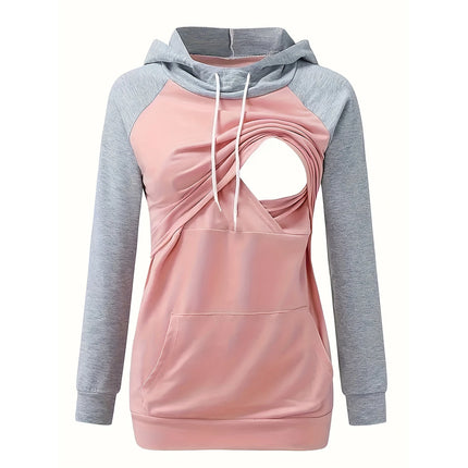 Sudadera con capucha de maternidad para mujer, sudaderas con capucha de manga larga para amamantar, Top de embarazo, ropa con bolsillo de canguro
