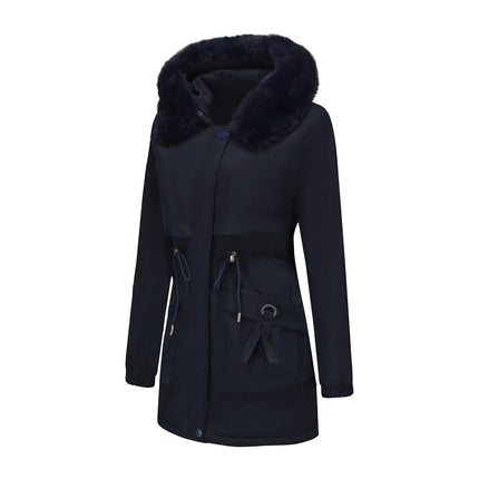 Abrigo de longitud media con capucha marrón oscuro para mujer recién llegado de invierno, chaqueta gruesa elegante y cálida. Parkas caqui, negro, azul y rosa.