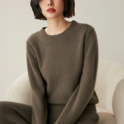 Suéter elegante de Cachemira de 100% con cuello redondo para mujer, jersey de Color sólido, ropa informal básica de otoño e invierno, prendas de punto gruesas y cálidas, Tops suaves
