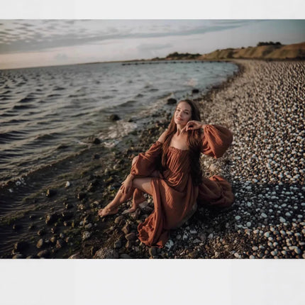 Vestido de sesión de fotos de maternidad: vestido sexy con hombros descubiertos, mangas abullonadas juguetonas y ropa con abertura para piernas para fotografía de mujeres embarazadas