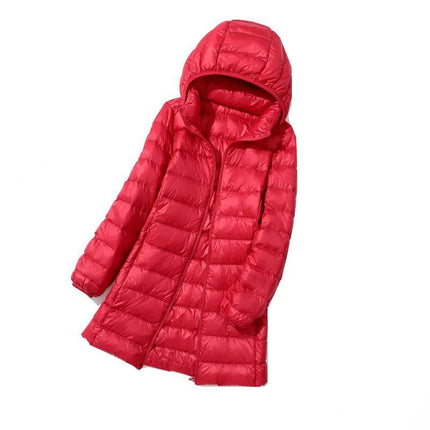 Haze Blue Chaqueta larga liviana para mujer, abrigo de manga larga con capucha, talla asiática M-7XL, Parkas disponibles en rojo, negro, azul y morado