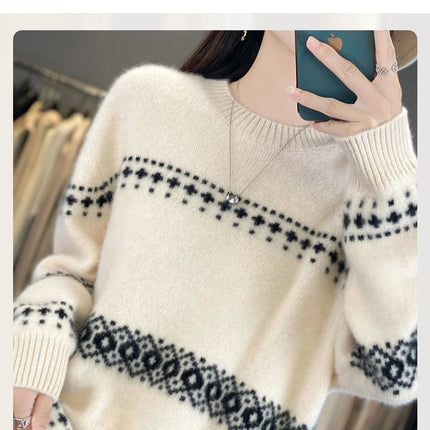 Jersey de punto de lana 100%, superventas, suéter jacquard con cuello redondo, top grueso holgado a la moda para otoño e invierno para mujer