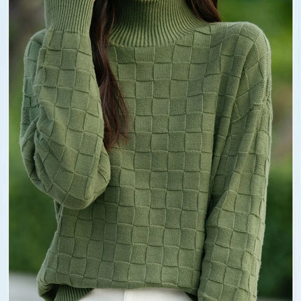 Suéter de algodón 100% para mujer, jersey de cuello medio alto, camisa con patrón cuadrado, Top de punto suelto a la moda, otoño e invierno, nuevo