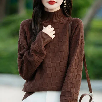 Suéter de algodón 100% para mujer, jersey de cuello medio alto, camisa con patrón cuadrado, Top de punto suelto a la moda, otoño e invierno, nuevo