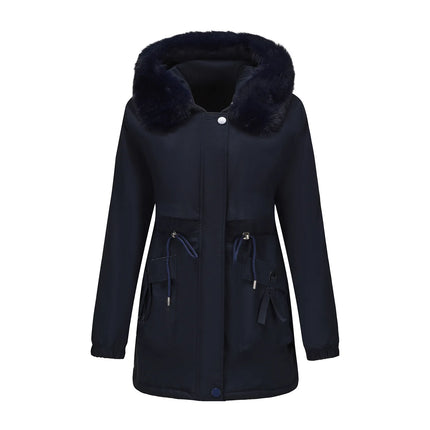 Abrigo de longitud media con capucha marrón oscuro para mujer recién llegado de invierno, chaqueta gruesa elegante y cálida. Parkas caqui, negro, azul y rosa.