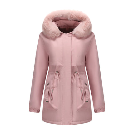 Abrigo de longitud media con capucha marrón oscuro para mujer recién llegado de invierno, chaqueta gruesa elegante y cálida. Parkas caqui, negro, azul y rosa.