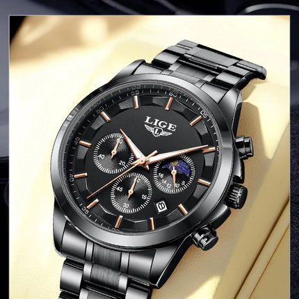 Reloj de Cuarzo LIGE para Hombre – Lujo Clásico con Fase Lunar y Fecha Automática