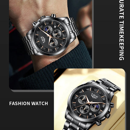 Reloj de Cuarzo LIGE para Hombre – Lujo Clásico con Fase Lunar y Fecha Automática