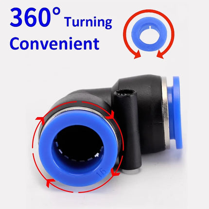 Juego de 20 Conectores Neumáticos en Codo PV – 90° de Plástico, Conector Rápido de 2 Vías (4mm / 6mm / 8mm / 10mm)