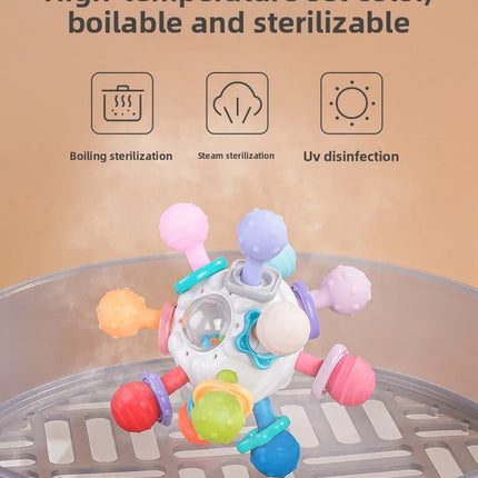 Sonajero de bola de dedo de Manhattan infantil, bola de átomo, mordedor giratorio, juguete de dentición, bola de Gel suave