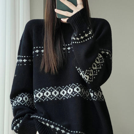 Jersey de punto de lana 100%, superventas, suéter jacquard con cuello redondo, top grueso holgado a la moda para otoño e invierno para mujer
