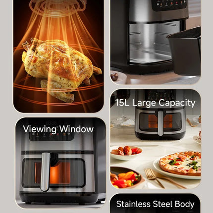 Freidora de Aire Eléctrica de Acero Inoxidable 15L – Cocina Inteligente de Gran Capacidad con Horno Tostador y Pantalla Digital