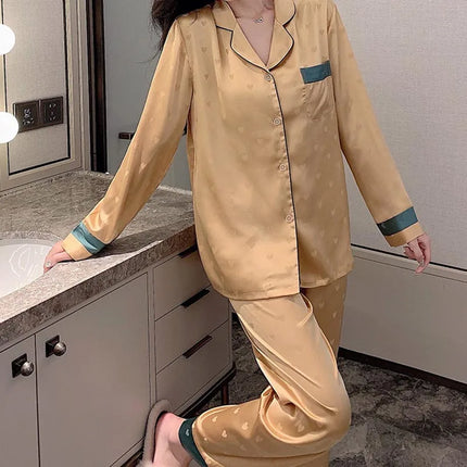 Conjunto de Pijama de Seda de Hielo de Otoño para Mujer – 2 Piezas Moderno y Elegante