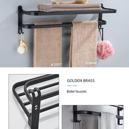 Soporte plegable negro mate de 50cm con gancho, soporte para toallas de pared, soporte para toallas de aluminio