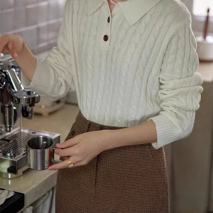 100% suéter de lana pura para mujer 2025 Otoño/Invierno nuevo jersey con cuello POLO moda coreana solapa suave Top de Cachemira de punto para mujer