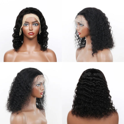 Pelucas de cabello humano virgen brasileño para mujer negra, pelo corto prearrancado con encaje Frontal 13x4, 180% de densidad, onda profunda