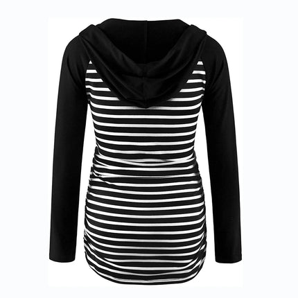 Sudaderas con capucha de maternidad para mujer, sudaderas con capucha de manga larga con cuello en V y estampado a rayas, Top para mamá embarazada, ropa de otoño e invierno para lactancia