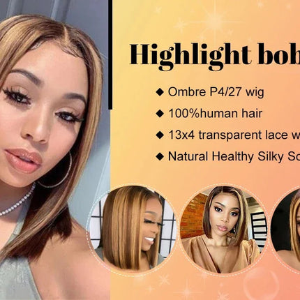 Peluca Bob con malla Frontal transparente 13x4, cabello humano ombré rubio miel, pelucas 13x4 de 10-16 pulgadas, peluca de encaje Frontal transparente de color 4/27