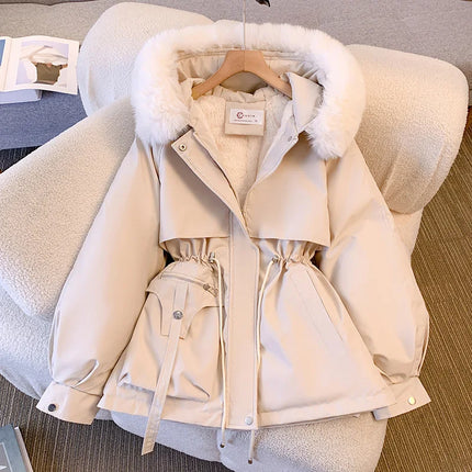 Chaqueta de plumón con Capucha forrada de lana para mujer, abrigo de invierno, Parkas acolchadas con cordón cálido, ropa de calle informal coreana, prendas de vestir acolchadas para mujer