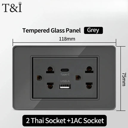 Enchufe de Pared de Vidrio Templado con Puertos USB Dual Tipo C – 118x75mm, 110V