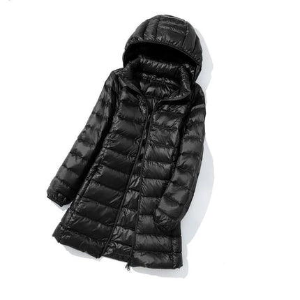 Haze Blue Chaqueta larga liviana para mujer, abrigo de manga larga con capucha, talla asiática M-7XL, Parkas disponibles en rojo, negro, azul y morado