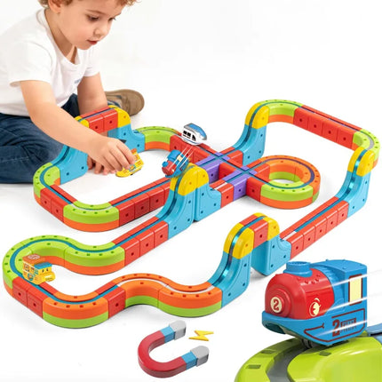 Tren electrónico mágico, cubo de juguete para niños, montaje artesanal, vía férrea, juego de bloques de construcción de automóviles, juguete educativo, regalos de navidad