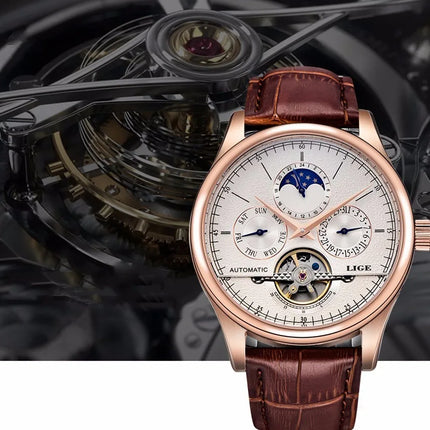 Reloj Mecánico Automático LIGE para Hombre – Tourbillon con Correa de Cuero Genuino