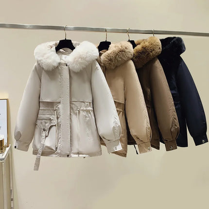 Chaqueta de plumón con Capucha forrada de lana para mujer, abrigo de invierno, Parkas acolchadas con cordón cálido, ropa de calle informal coreana, prendas de vestir acolchadas para mujer
