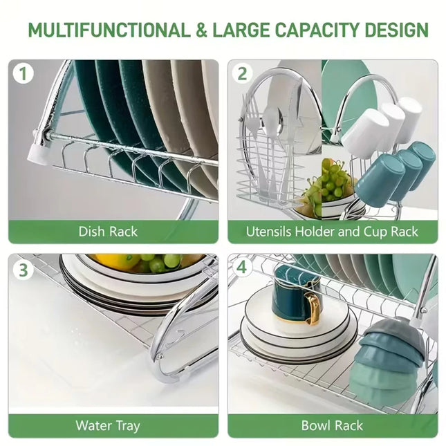 Heavy Duty 2-Layer S-Shaped Stainless Steel Dish Dryer, with Cup-Shaped Drain, Space-Saving Curved Design and Top and Bottom Countertop, Dishwasher Safe, Anti-Rust, Easy to Clean (40X25X36Cm)