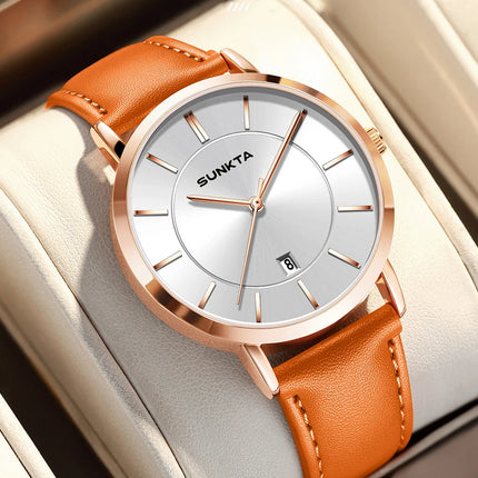 Relojes LIGE Sunkta ultrafinos para hombre, reloj de pulsera informal de moda de negocios Retro, reloj de cuarzo Simple con fecha de cuero resistente al agua para hombre